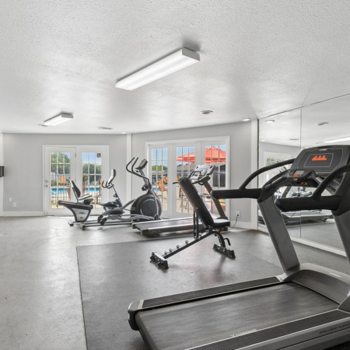 Fitness center, weights and mirror